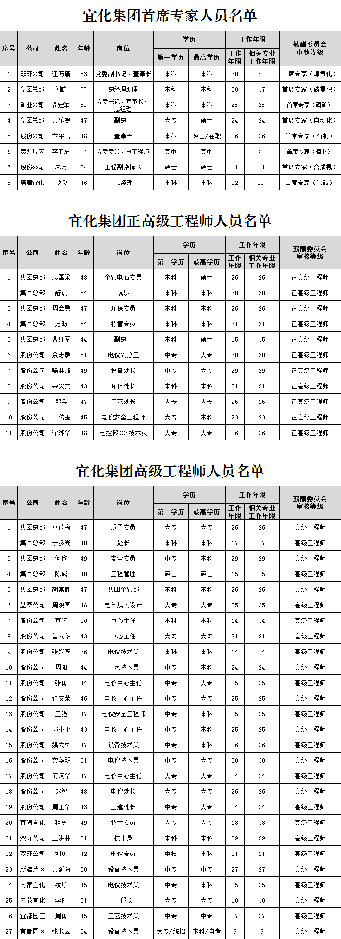 宜化集團(tuán)首席專家、正高級工程師、高級工程師評審結(jié)果公示